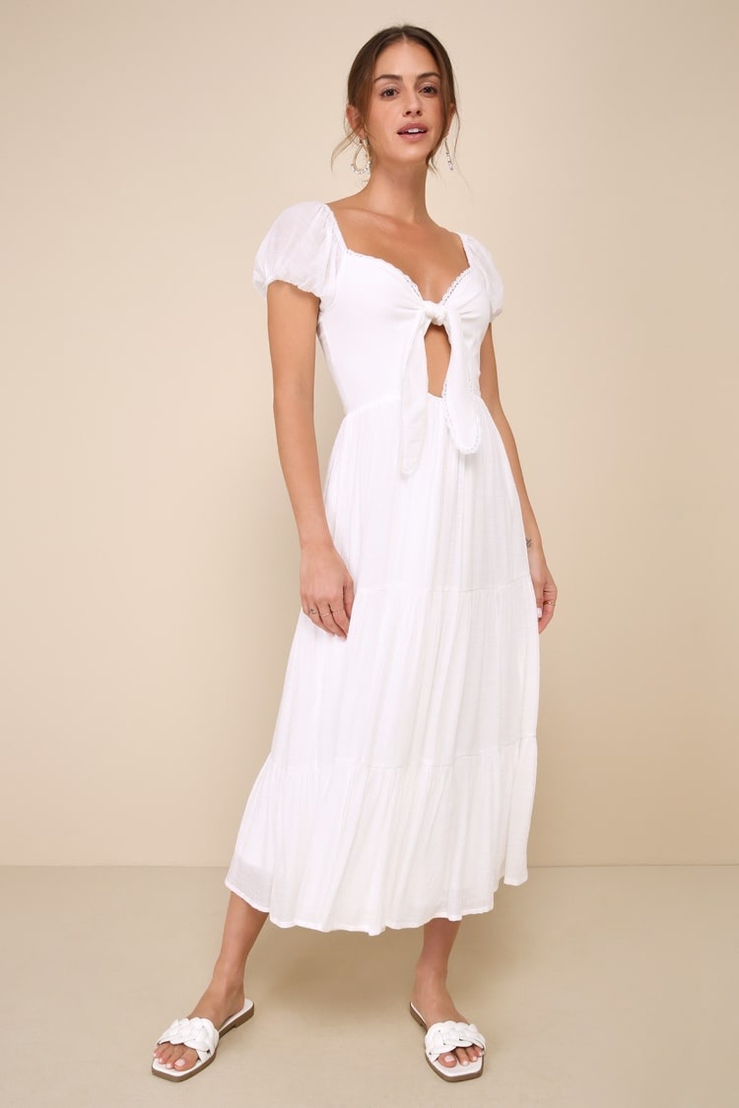 Lulus Darling Concept White Tiered Tie-Front Puff Sleeve Dress Classy Medium